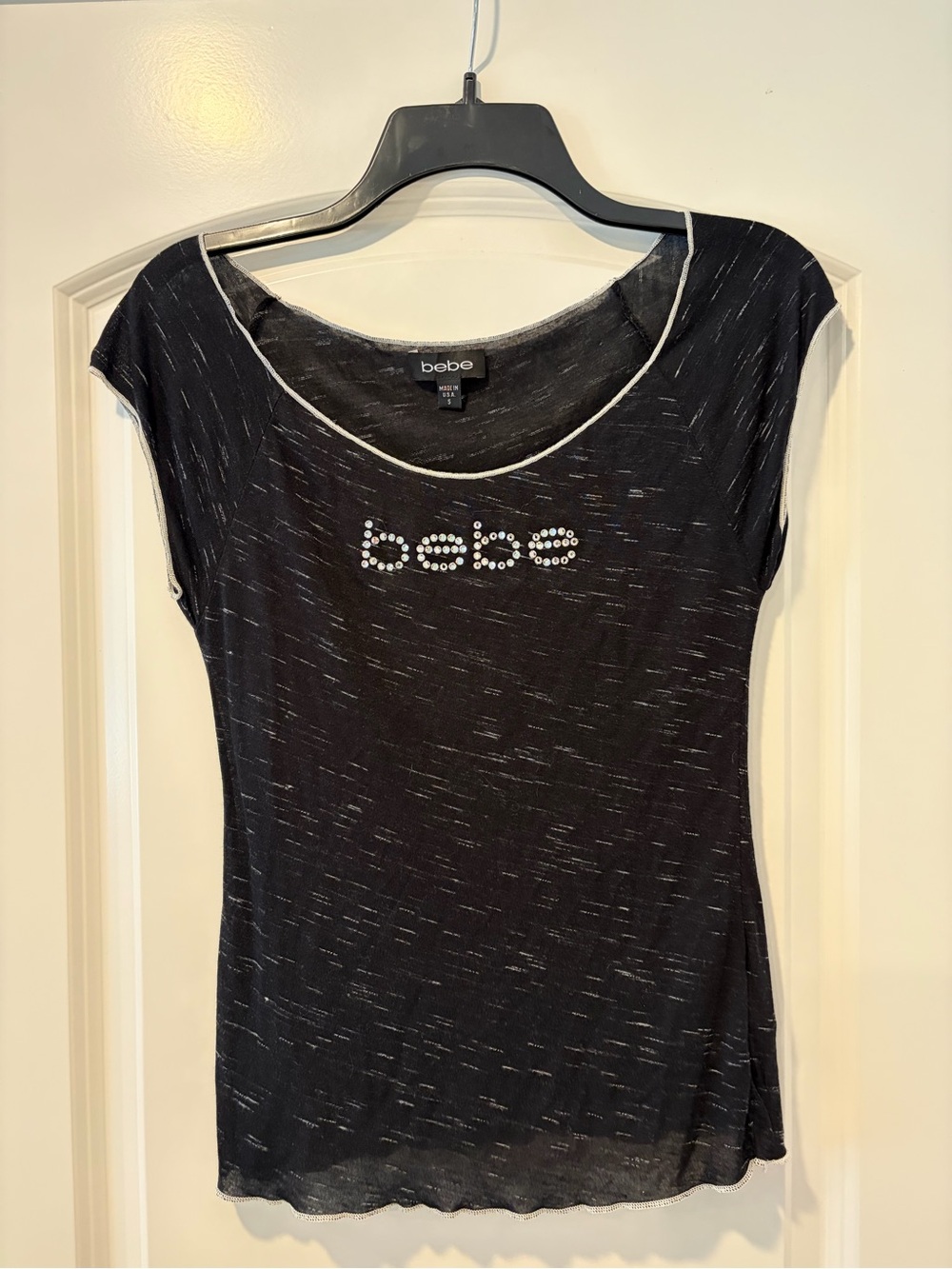 bebe Sheer Black Rhinestone Logo Short Sleeve Top